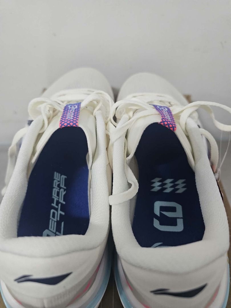 Li-Ning Red Hare 9 Ultra Running Shoes (Category: Sneakers) located in Caloocan City. Submitted by freeturtle.a5f464 (Listing ID 1468946017, Image 2). Description: - Brand: Li-Ning - Model: Red Hare 9 Ultra (ARPW007-16) - Color: White with blue and pink gradient midsole - Size: US 9, EUR 42.5, 265mm - Condition: Brand new, unworn, straight from the box - Features: Lightweight mesh upper and high-cushion sole setup - Inclusions: Original box and a