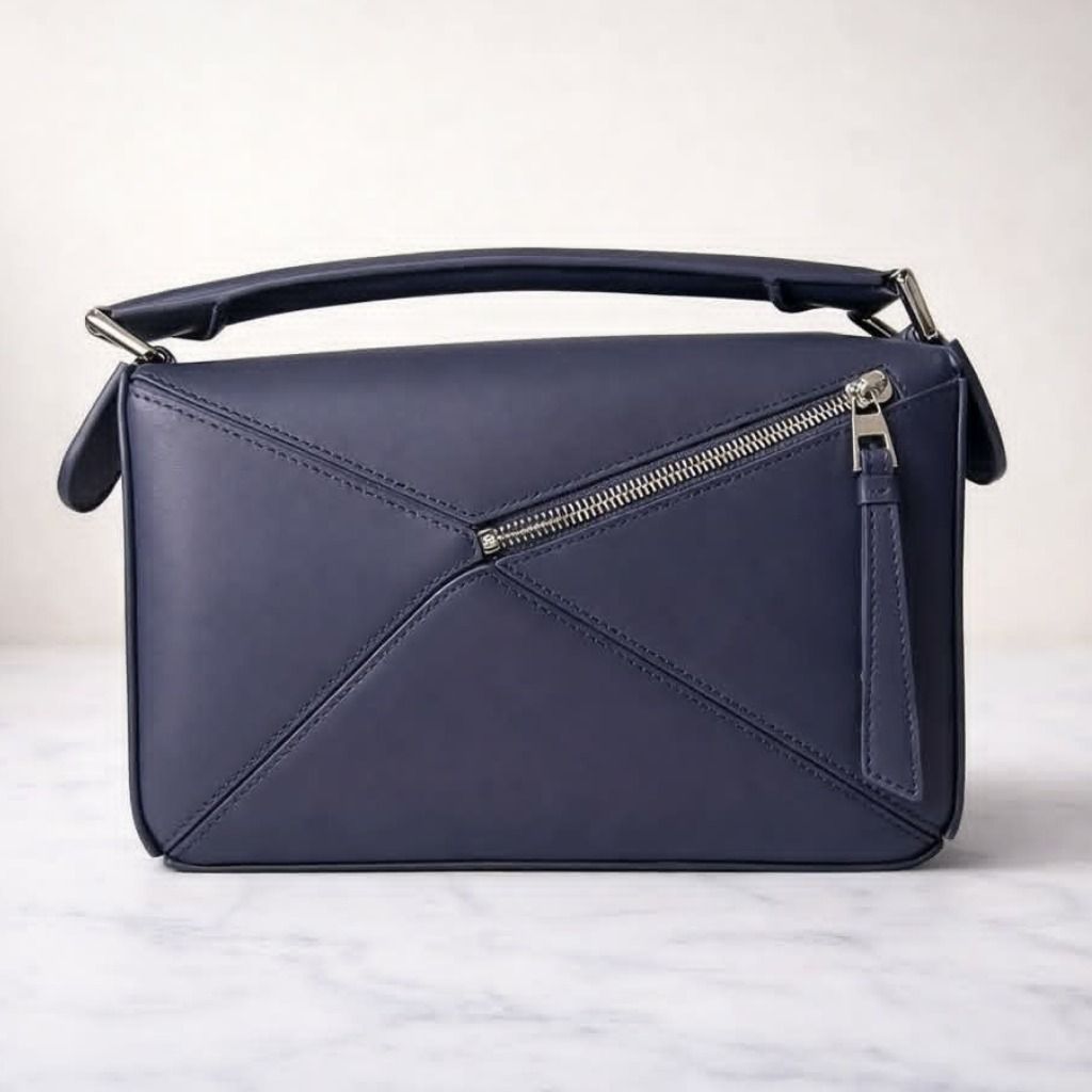 Loewe Puzzle Small Bag Navy Blue (Category: Luxury Bags & Wallets) located in Cebu City. Submitted by theluxxaffair (Listing ID 1429484766, Image 2). Description: Loewe Classic Puzzle Small bag crafted in navy blue smooth satin calfskin leather with palladium-tone hardware. Features a top handle, detachable shoulder strap with the Loewe logo, and zipper closure. Finished with the signature geometric leather panels and embossed Loewe logo on the s