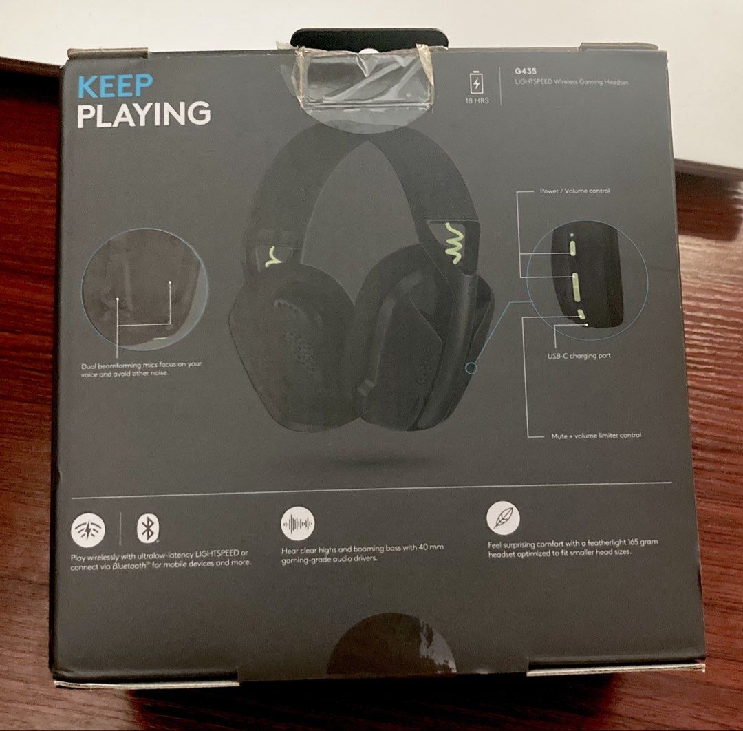 Logitech G435 LIGHTSPEED Wireless Gaming Headset (Category: Headphones & Headsets) located in Las Pinas. Submitted by hwrd2k (Listing ID 1468983009, Image 2). Description: Features/Specs: - Lightweight design, approx. 165g - LIGHTSPEED 2.4GHz wireless connectivity - Bluetooth connectivity - Built in microphones - Up to 18 hours of battery life - USB C charging port Inclusions: - Logitech G435 wireless headset - USB wireless receiver - USB chargin