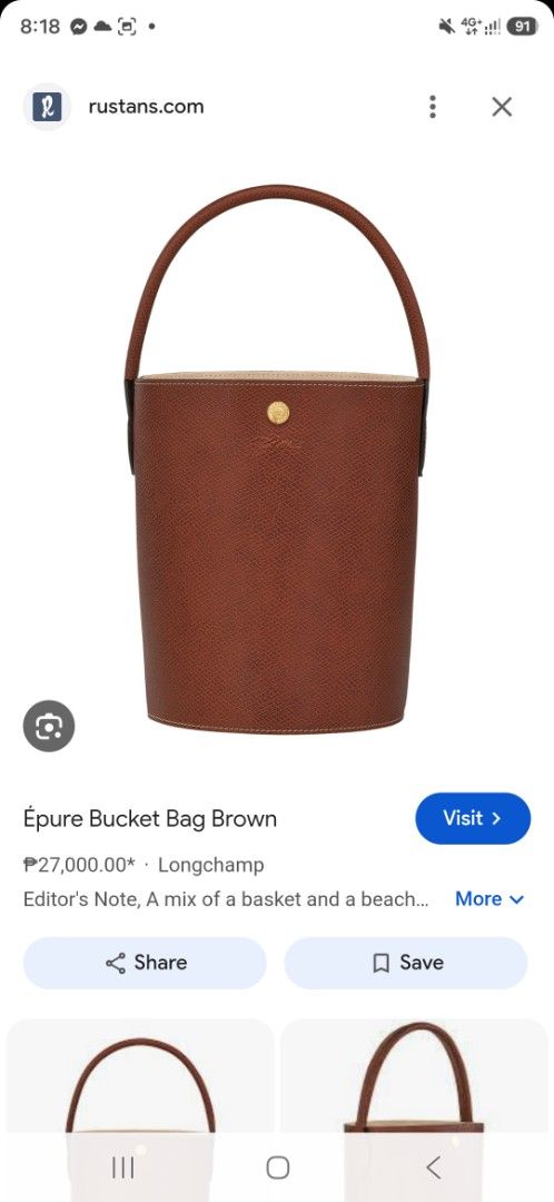 Longchamp Épure Bucket Bag Brown (Category: Shoulder Bags) located in Lemery. Submitted by venus23 (Listing ID 1468931642, Image 2). Description: - Brand: Longchamp Épure - Color: Brown - Material: Premium textured leather - Design: Structured bucket bag with a round base and sturdy top handle - Hardware: Gold-tone snap button closure with embossed horse logo - Interior: Clean lining with neat stitching throughout - Capacity: Compact size that ea