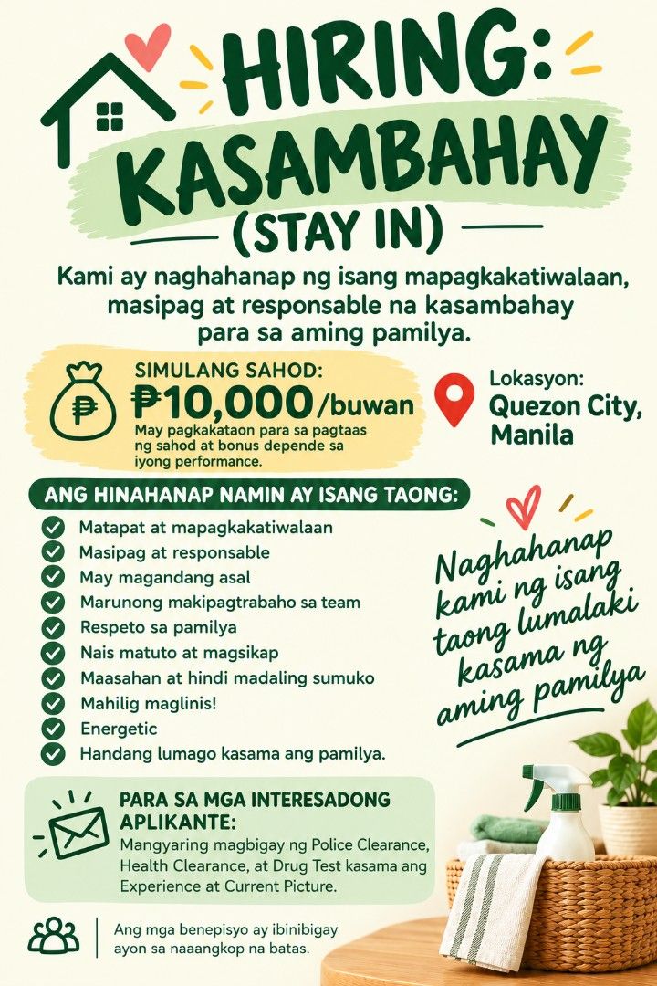 Looking For Kasambahay (Category: Looking For) located in Pasig City. Submitted by lebronisdagoat (Listing ID 1469000769, Image 1). Description: Kasambahay P10K per month Stay In sa Quezon City, Manila Please PM with Experience and Skills.