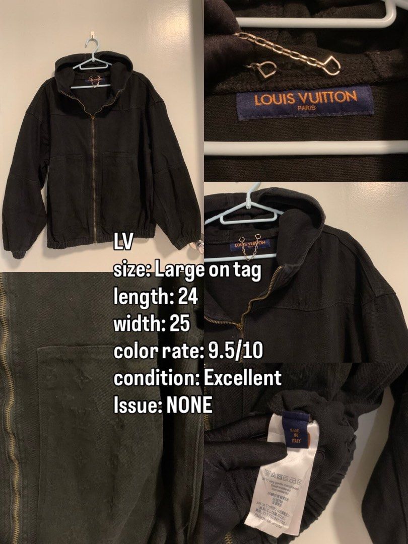 Louis Vuitton Black Zip-Up Hoodie Jacket (Category: Coats, Jackets and Outerwear) located in Manila. Submitted by paulbrayan37775 (Listing ID 1469101723, Image 1). Description: - Brand: Louis Vuitton - Color: Black with subtle debossed monogram pattern - Size: Large on tag (Length: 24", Width: 25") - Hardware: Heavy gold-tone with unique chain detail at the neckline - Origin: Made in Italy - Condition: Pristine, clean inside and out with zero fla