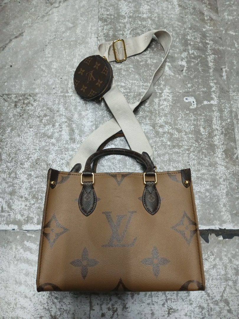 Louis Vuitton on the go monogram bag (Category: Luxury Bags & Wallets) located in Baguio. Submitted by brandeditems16 (Listing ID 1469138158, Image 1). Description: - Classic brown monogram canvas design with a structured silhouette - Includes dual top handles for hand carry and a wide beige adjustable shoulder strap - Comes with a trendy, removable small round zipped pouch on the strap - Finished with elegant gold-tone hardware details - Spaciou