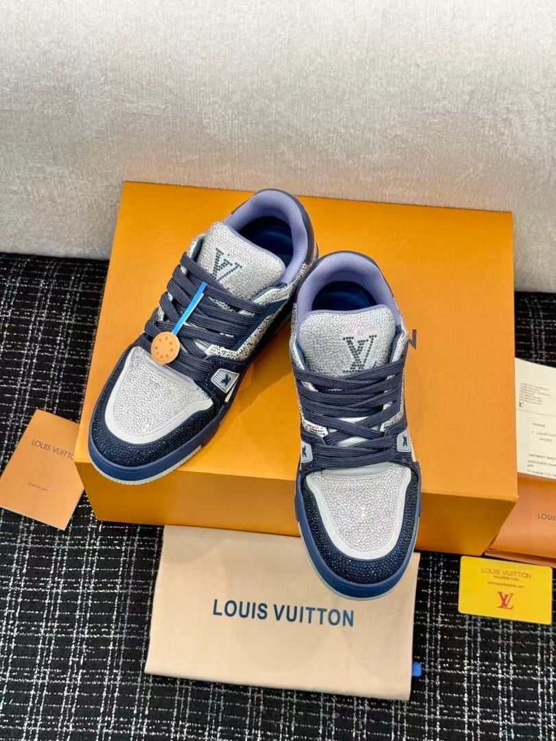 Louis Vuitton Rhinestone Trainer Blue Silver Sneakers (Category: Sneakers) located in Manila. Submitted by immeljanpi09460 (Listing ID 1469026266, Image 3). Description: - Brand: Louis Vuitton - Model: Rhinestone Trainer Sneakers - Colorway: Blue and silver with dark blue accents and white midsole - Details: Fully encrusted with sparkling crystals across the upper and tongue - Condition/Inclusions: Comes with original orange box, dust bag, and pa