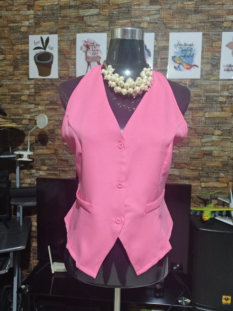 Lovito Pink Halter Vest Size L EU 38 (Category: Sleeveless) located in Manila. Submitted by duffy-080 (Listing ID 1468943045, Image 3). Description: - Brand: Lovito - Color: Bright Pink - Size: L (EU 38) - Design: Halter vest with button-down front (3 buttons), false pocket flaps at the waist, and a stylish racerback - Condition: Brand new with original tags attached (unworn) -best fit medium. brand new.