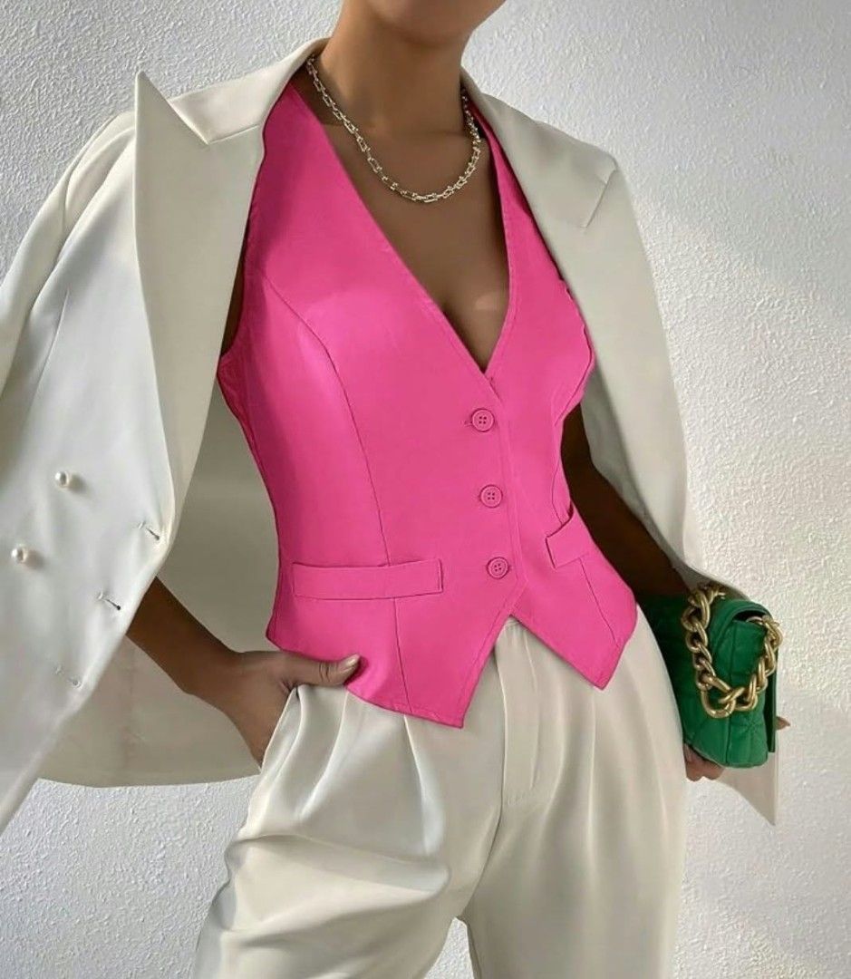 Lovito Pink Halter Vest Size L EU 38 (Category: Sleeveless) located in Manila. Submitted by duffy-080 (Listing ID 1468943045, Image 2). Description: - Brand: Lovito - Color: Bright Pink - Size: L (EU 38) - Design: Halter vest with button-down front (3 buttons), false pocket flaps at the waist, and a stylish racerback - Condition: Brand new with original tags attached (unworn) -best fit medium. brand new.