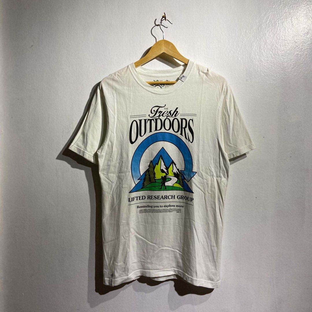 LRG outdoor (Category: Tshirts & Polo Shirts ) located in Roxas City. Submitted by vaultcultureco. (Listing ID 1469093749, Image 1). Description: - Brand: LRG (Lifted Research Group) - Color: White - Size: Small (S) - Design: 'The Fresh Outdoors' mountain graphic print with 'Reminding you to explore more' text - Condition: 7/10 good pre-loved condition - Perfect for streetwear, casual outings, and outdoor enthusiasts.