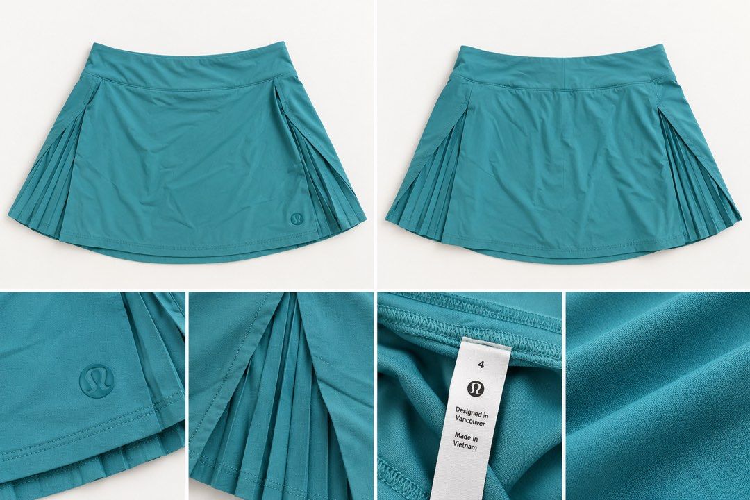 Lululemon Pleated Tennis Skort Teal dot 4 (Category: Skirts) located in Valencia. Submitted by bruuuuh (Listing ID 1469075601, Image 1). Description: - Brand: Lululemon - Color: Teal - Size: 4 - Material: Smooth, stretchy performance fabric - Design: Athletic skort with trendy pleated side panels and built-in shorts underneath - Details: Iconic heat-pressed omega logo near the hem - Condition: Excellent, tag attached inside waistband - Perfect fo