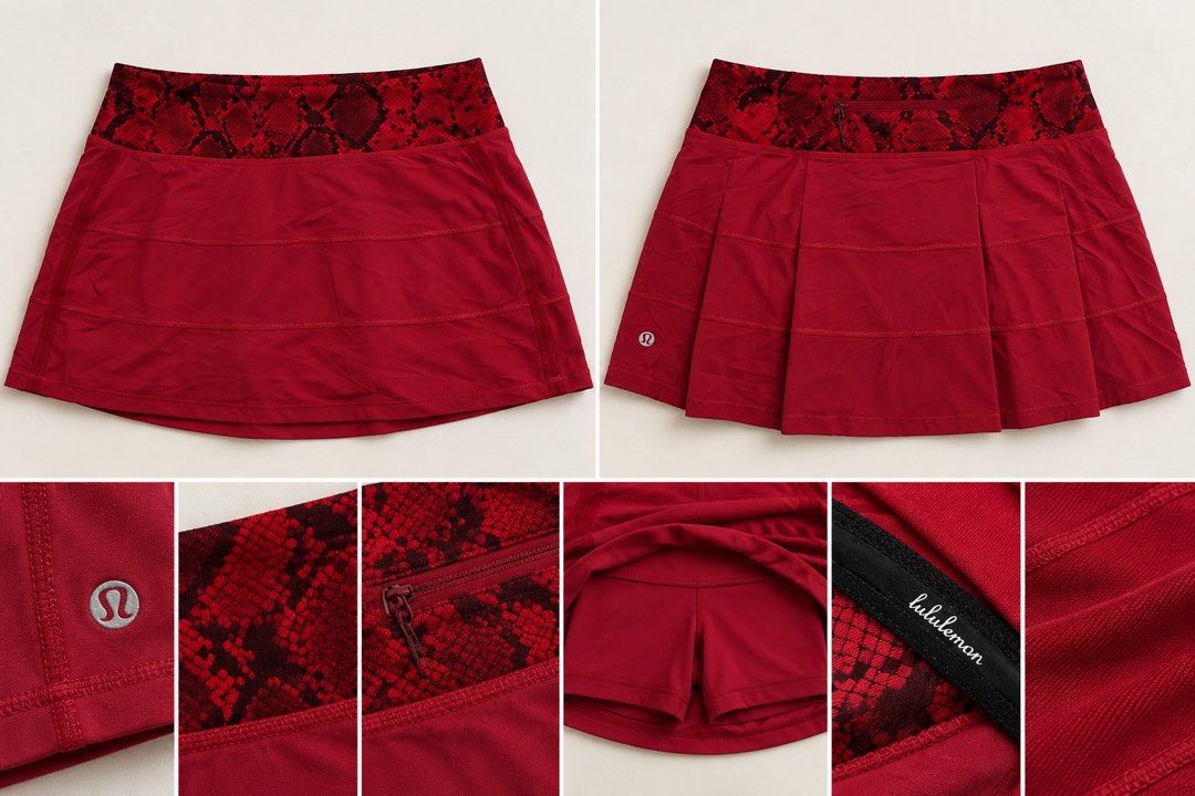Lululemon Red Skirt Skort nike (Category: Skirts) located in Valencia. Submitted by bruuuuh (Listing ID 1469075128, Image 1). Description: - Brand: Lululemon - Color: Red with stylish snake print waistband detail - Design: Pleated back style with silver Lululemon logo on the hem - Features: Built-in shorts underneath for extra coverage and a secure back zipper pocket on the waistband - Material: Breathable, lightweight, and easy to move around in