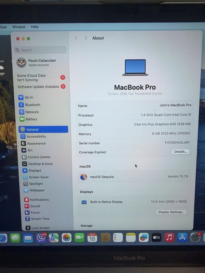 MacBook Pro 13-inch 2019 (Category: Laptops & Notebooks) located in Manila. Submitted by paupaupau07 (Listing ID 1468974798, Image 3). Description: Specifications: • Intel Core i5 1.4 GHz Quad-Core • 8GB RAM • 128GB SSD • 13.3-inch Retina Display • Touch Bar • macOS Sequoia Condition: • Excellent condition, no dents • No functional issues • Newly replaced original Apple battery • Original Apple charger included • Original box included • All funct