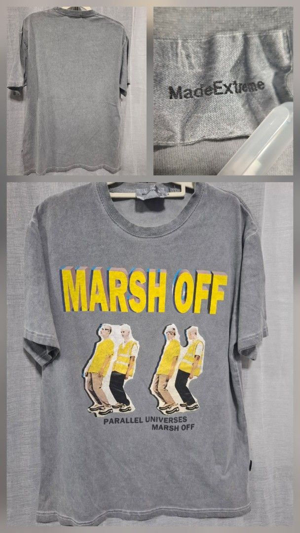 MadeExtreme Marsh Off Parallel Universes T-Shirt (Category: Tshirts & Polo Shirts ) located in Manila. Submitted by jazil.ladyliz (Listing ID 1469072078, Image 1). Description: - Brand/Model: MadeExtreme Graphic Tee - Color: Vintage grey with worn-in wash - Size: L (Relaxed, oversized fit) - Design: Large 'MARSH OFF' text with photo-collage graphics - Material: Soft, comfortable cotton - Condition: Clean, no stains or damage.