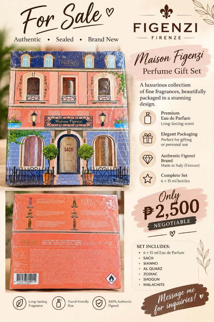 Maison Figenzi Gift Set (Italy) (Category: Fragrance & Deodorants) located in Bulacan. Submitted by ditchandswitch (Listing ID 1469066559, Image 1). Description: Maison Figenzi Gift set 2500 perfect for give set please message me for your offer negotiable.