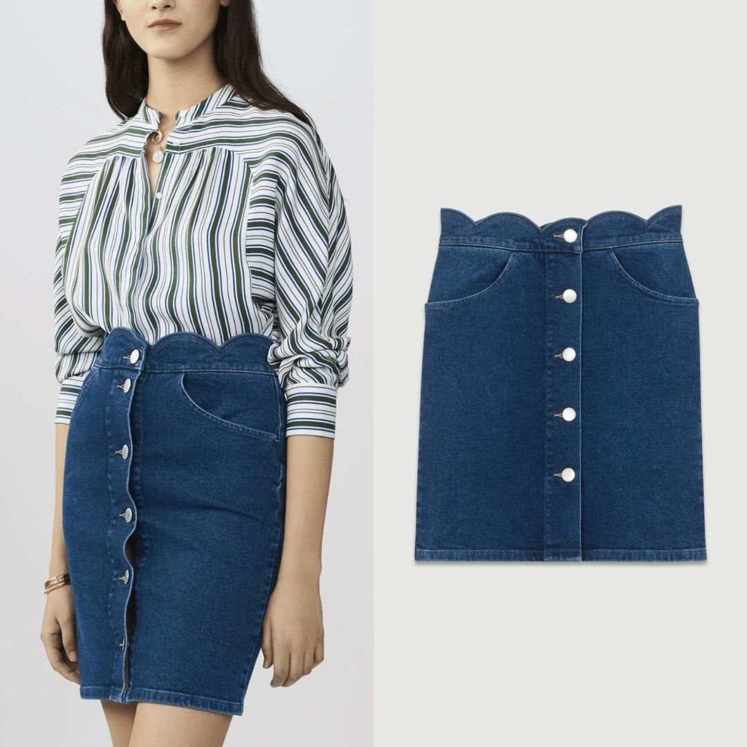 MAJE PARIS Scalloped Trim Button Down Denim Mini Skirt (Category: Skirts) located in Bambang. Submitted by thrifthuntress (Listing ID 1469119065, Image 2). Description: MAJE Scalloped Jaron Style Denim Skirt - W26"-27" L19.5" - scalloped button; center front button placket; engraved text logo on the buttons - 36 on tag; cotton elastane material - retails for 10k online; in excellent condition A. PAYMENT: GCash / Bank Transfer B. COURIER: J&T Expr
