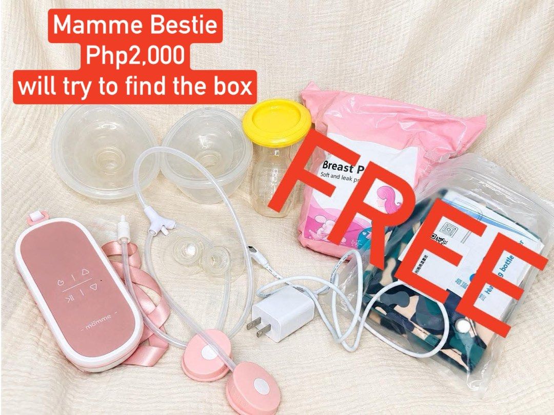 Mamme Bestie Breast Pump with Freebies (Category: Breastfeeding & Bottle Feeding) located in Las Pinas. Submitted by freeowl_eb0f7b (Listing ID 1468937003, Image 1). Description: - Pink Mamme Bestie electric breast pump set - Includes motor unit, dual flanges, tubing, power adapter, and strap - Original box included if found - FREE breast pads and extra accessories included - Everything shown in the photo goes together - RFS: Decluttering/Upgrade