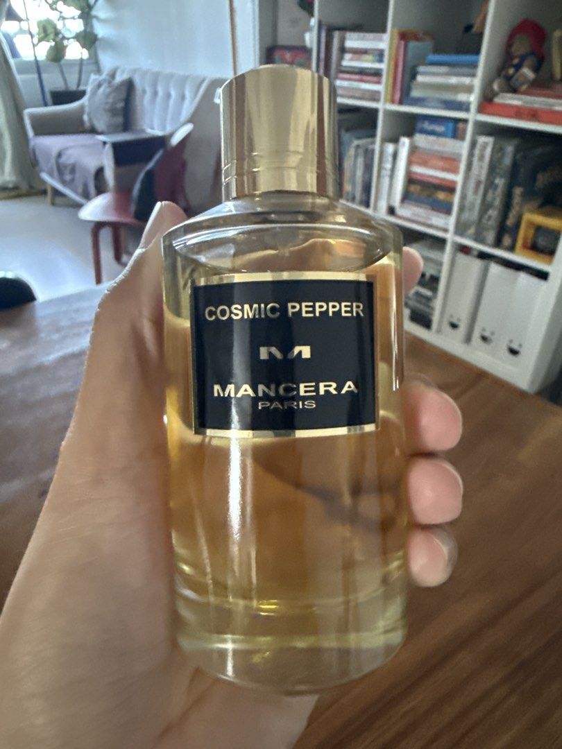 Mancera Cosmic Pepper Eau de Parfum, 120ml (Category: Fragrance & Deodorants) located in Quezon City. Submitted by maximillian.declutters (Listing ID 1469159674, Image 1). Description: - Authentic Mancera Cosmic Pepper fragrance - Bottle Size: 120ml - Scent Profile: Warm, yellowish amber with a great spicy citrus kick, perfect for daily wear - Details: Features iconic black label and heavy glass bottle.