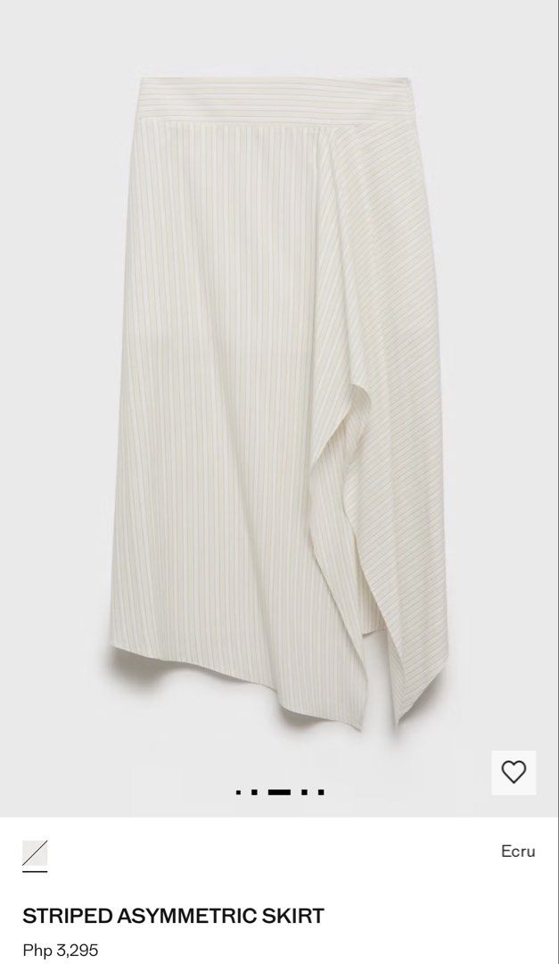 Mango Striped Asymmetric Skirt Ecru (Category: Skirts) located in Antipolo. Submitted by water.mellie (Listing ID 1469067700, Image 1). Description: - Color: Ecru with subtle all-over stripes - Size medium, fits true to size - Design: Asymmetric drape with an uneven hemline - Fabric: Lightweight and comfortable - Perfect for: Smart casual outfits - Original Retail Price: PHP 3,295 Pay by Maribank, Gcash, Maya J&T shipping from Lower Antipolo.