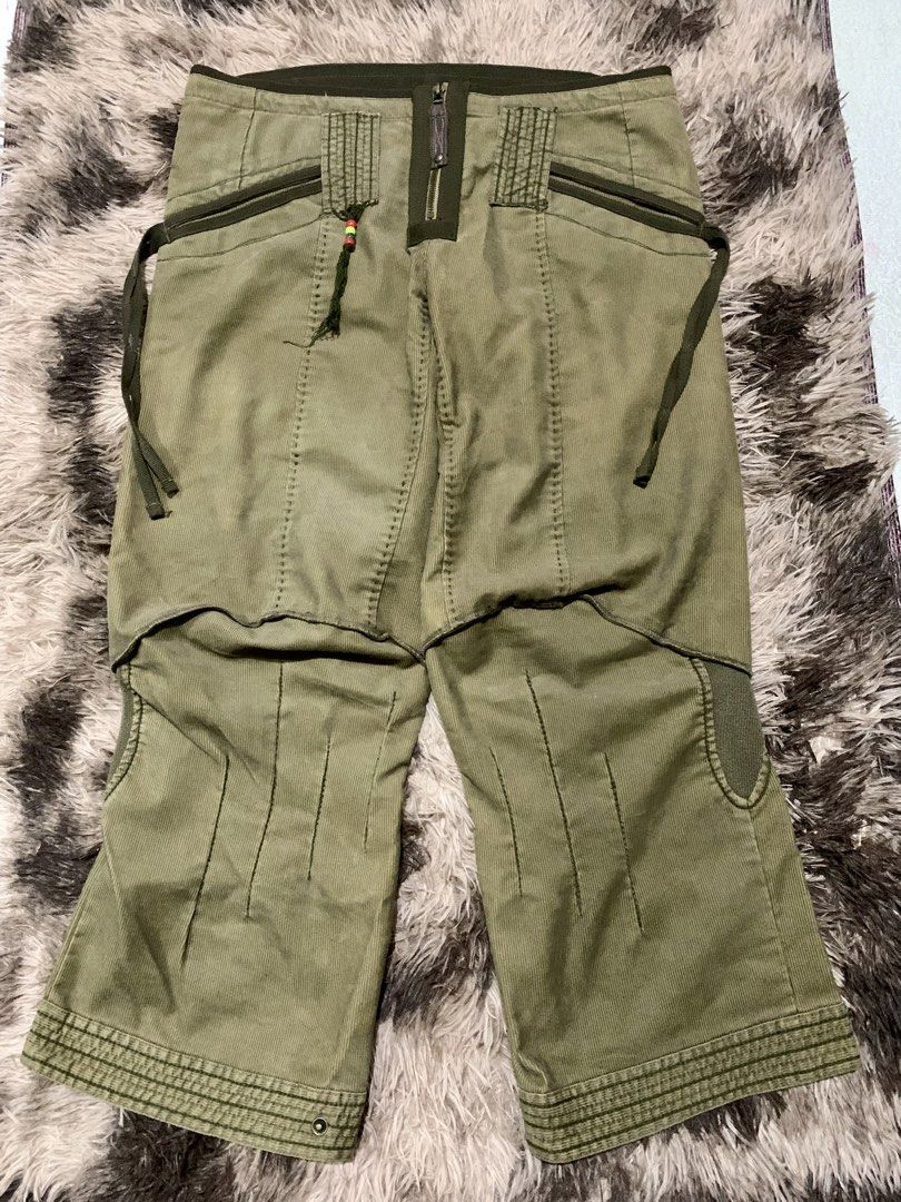 Marithe Francois Girbaud Green Corduroy Cargo Pants (Category: Jeans) located in Manila. Submitted by jay_seller (Listing ID 1469098850, Image 2). Description: - Brand: Marithe Francois Girbaud - Color: Olive green - Material: Corduroy - Style: Unique streetwear silhouette with unusual construction - Details: Exposed vertical stitching, multi-panel knee sections, and drawstrings across the front hips - Waistband: Dark ribbed waistband with zipper