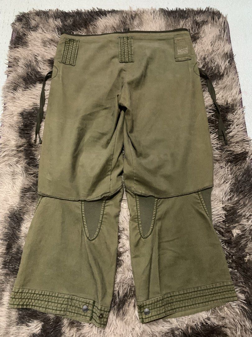 Marithe Francois Girbaud Green Corduroy Cargo Pants (Category: Jeans) located in Manila. Submitted by jay_seller (Listing ID 1469098850, Image 3). Description: - Brand: Marithe Francois Girbaud - Color: Olive green - Material: Corduroy - Style: Unique streetwear silhouette with unusual construction - Details: Exposed vertical stitching, multi-panel knee sections, and drawstrings across the front hips - Waistband: Dark ribbed waistband with zipper