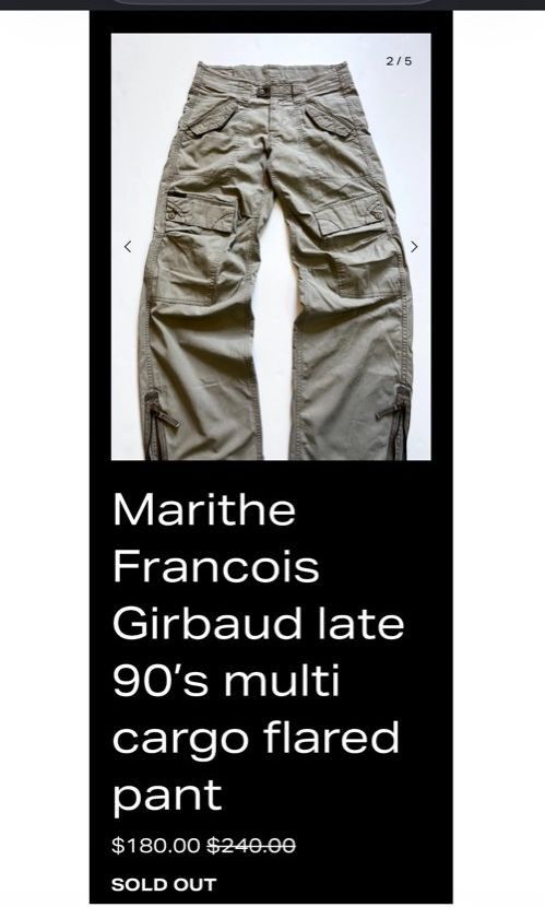 Marithe Francois Girbaud late 90’s multi cargo flared pants (Category: Jeans) located in Caloocan City. Submitted by renowear (Listing ID 1469099157, Image 3). Description: Marithe Francois Girbaud late 90’s multi cargo flared pants Excellent Condition Color Rate: 9.5/10 No Issue Measurements • Width: 30 • Length: 41 • Thigh: 12.5 • Hem: 8.5/10 Price: 3500 obo DM IF INTERESTED📥.