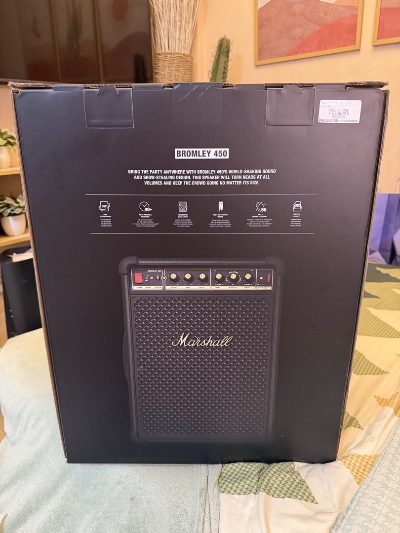 Marshall Bromley 450 Party Speaker (Category: Soundbars, Speakers & Amplifiers) located in Quezon City. Submitted by law.1789 (Listing ID 1469117754, Image 3). Description: SRP - 44990 Sale Price - 32990 - Brand new in box, 100% unopened package - 40+ hours of portable playtime on a single charge - World-shaking sound with deep bass and treble controls - Integrated stage lights to set the party mood - Mic and instrument inputs for karaoke or live