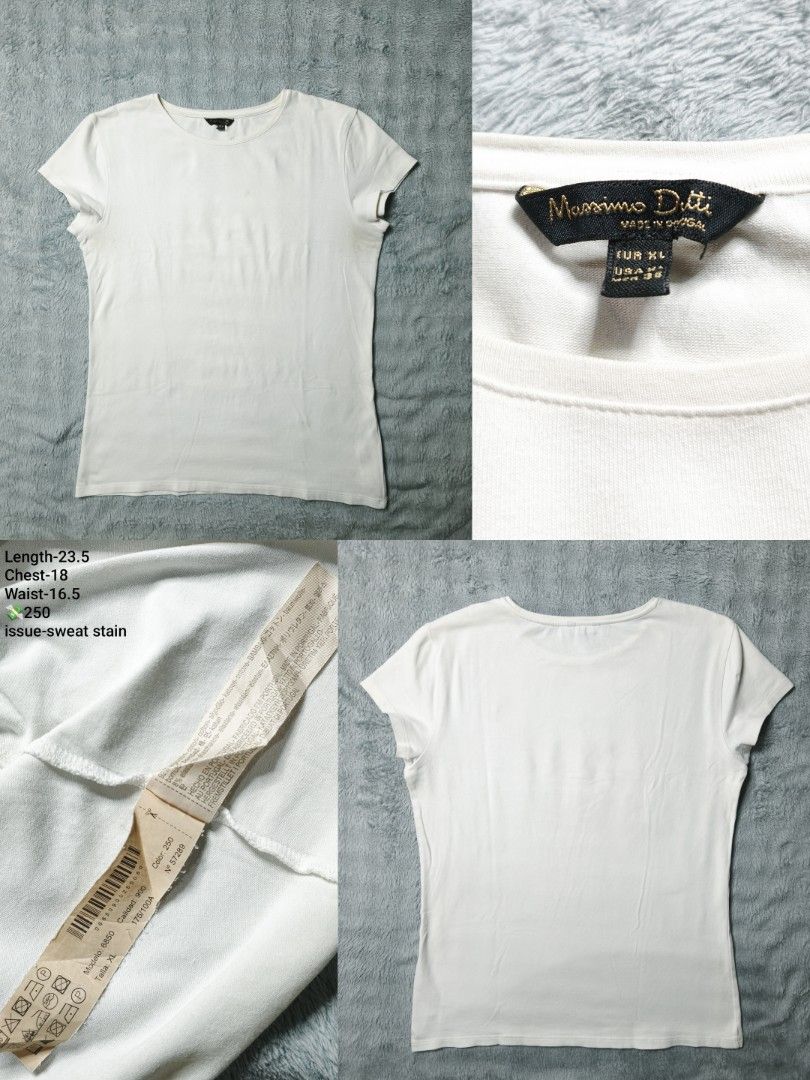 Massimo Dutti White T-Shirt Size XL (Category: Tshirts & Polo Shirts ) located in Floridablanca. Submitted by vintager12 (Listing ID 1469127692, Image 1). Description: - Brand: Massimo Dutti - Color: White - Size: XL - Measurements: Length 23.5", Chest 18", Waist 16.5" - Origin: Made in Portugal - Style: Short sleeves, crew neck basic tee - Condition: Good everyday piece, but please note a sweat stain issue on the tag area.