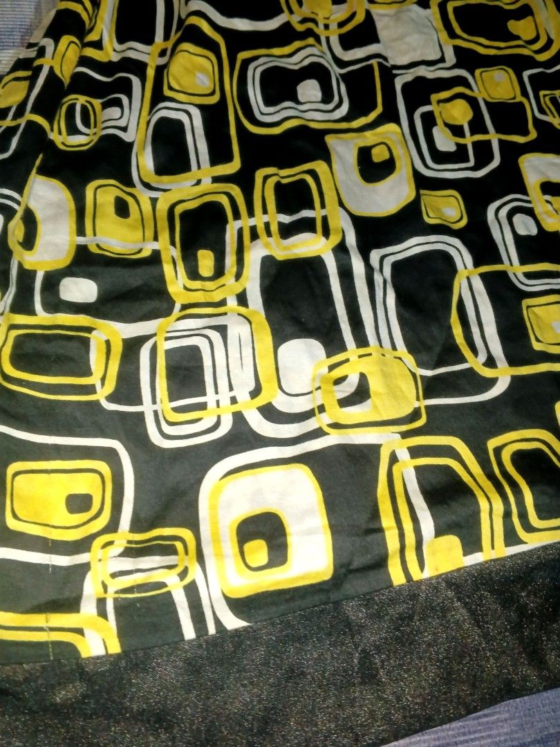 Max studio dress (Category: Announcements) located in Manila. Submitted by icamalicdem29 (Listing ID 1469066501, Image 3). Description: s/m Max Studio graphic mid-century style mini dress featuring a distinctive retro geometric pattern of rounded squares and rectangles in yellow, white, and black. This design showcases a wide, structured square-neck silhouette accented with solid black bands along the neckline, short sleeve cuffs, and bottom heml