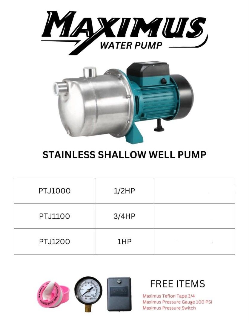 MAXIMUS WATER PUMP (Category: Construction Tools & Equipment) located in Pandi. Submitted by maeloviila (Listing ID 1468941821, Image 1). Description: MAXIMUS Stainless Shallow Well Water Pump -PTJ1000 = ₱5,720 - PTJ1100 = ₱6,240 - PTJ1200 = ₱6,760 Get reliable water supply for your home and water system with the MAXIMUS Stainless Shallow Well Water Pump. Designed with a durable stainless steel pump body and a powerful motor, this water pump is i