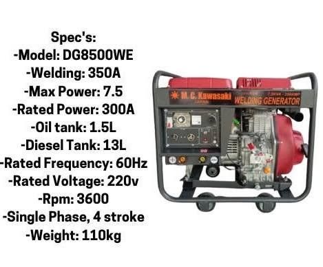 M.C. Kawasaki Welding Generator 7.5KVA (Category: Construction Tools & Equipment) located in Caloocan City. Submitted by safewind-038a (Listing ID 1468957683, Image 2). Description: ! PRE-SELL ! ! PRE-SELL ! ! PRE-SELL ! M.C. Kawasaki Welding Generator 7.5KVA Price: P 77,000 Specification: Model: DG8500WE Welding: 350A Max Power: 7.5 Rated Power: 300A Oil Tank: 1.5L Diesel Tank: 13L Rated Frequency: 60Hz Rated Voltage: 220v RPM: 3600 Single Phase