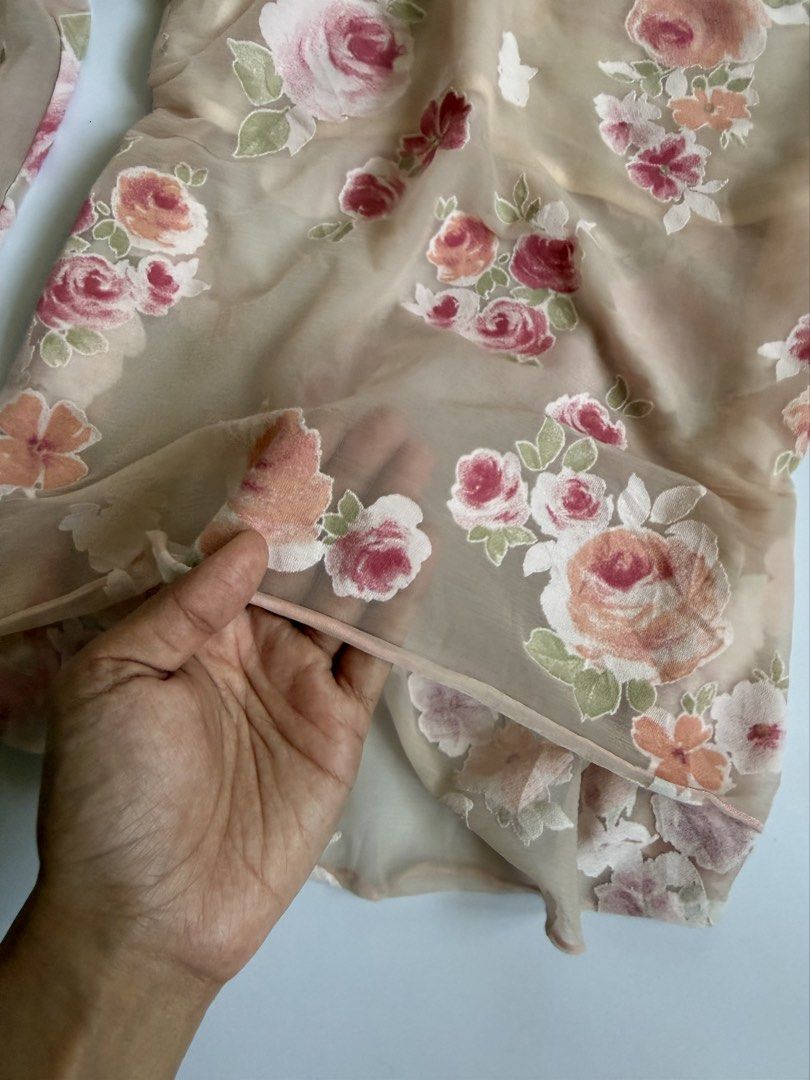 Mesh Floral Long Sleeve V-Neck Blouse (Category: Longsleeves) located in Tarlac. Submitted by kr_closet (Listing ID 1468934491, Image 3). Description: - Style: Y2K / Cottagecore aesthetic - Design: Pink floral print all over with a V-neckline - Sleeves: Long flared sleeves with cute lettuce trim - Fit: Gathered waist detail for a flattering silhouette - Fabric: Lightweight and slightly sheer mesh.