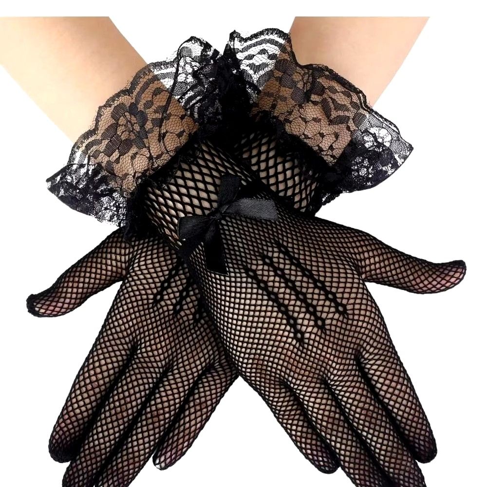 mesh gloves lace 1 pair (Category: Gloves) located in Valenzuela. Submitted by diane.35 (Listing ID 1465454045, Image 3). Description: - Color: Black - Style: Full finger fishnet mesh gloves - Details: Elegant ruffled lace cuff with a small black ribbon bow - Condition: Brand new, still sealed in original clear plastic packaging - Perfect for costumes, goth/punk fashion, or themed events.