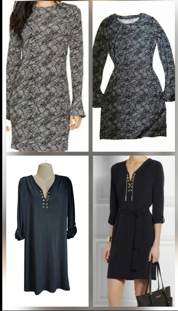 Michael Kors Black and Grey Lace Pattern Dress (Category: Dresses) located in Paranaque City. Submitted by calm_youngstore7 (Listing ID 1469034841, Image 1). Description: 90% OFF RETAIL! - Brand: Michael Kors - Condition: Brand new with original tags in packaging - Color/Pattern: Grey and black pattern - Design: Long sleeves with flared cuffs, round neckline, and fitted silhouette - Length: Above the knee (Total length: 32 inches) - Pit to Pit: 1