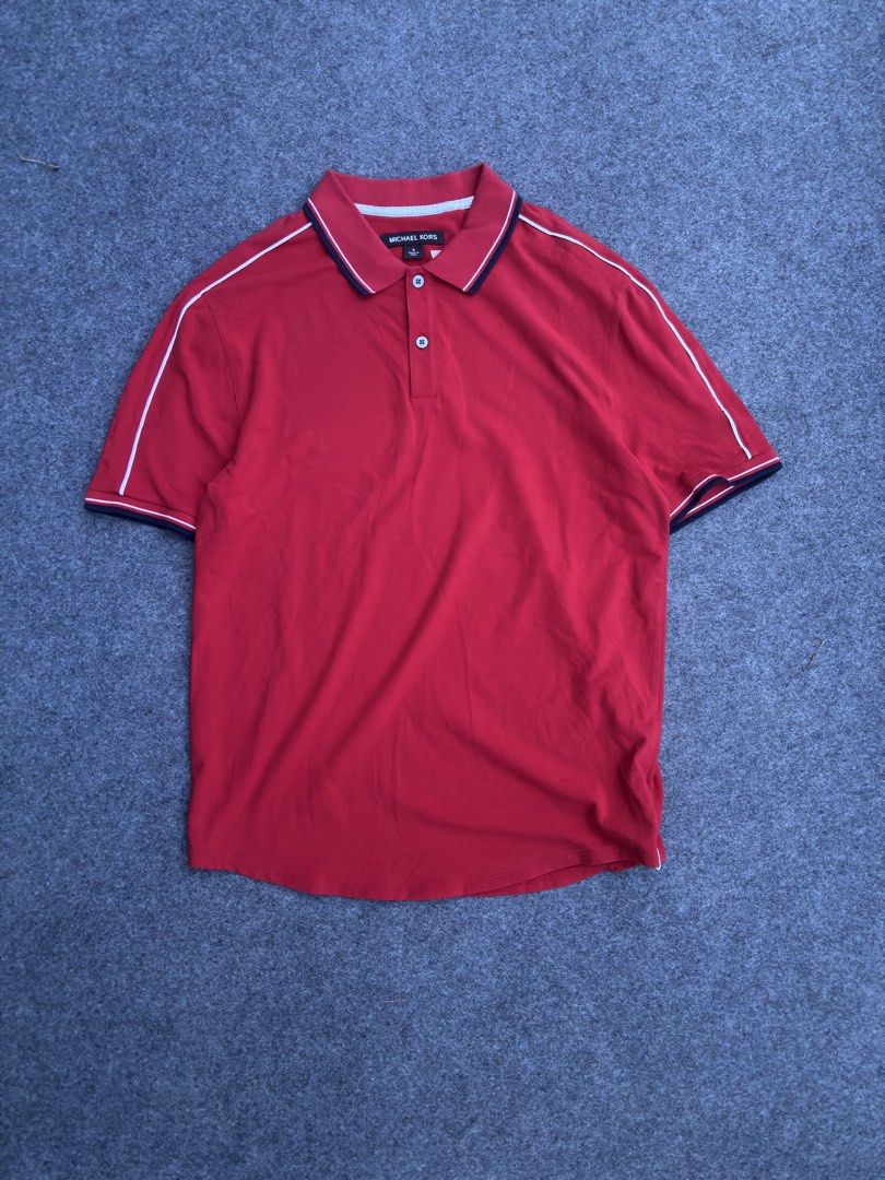 Michael Kors Red Polo Shirt Size S (Category: Tshirts & Polo Shirts ) located in Lapu Lapu. Submitted by thatdamngrails (Listing ID 1468968392, Image 3). Description: - Brand: Michael Kors - Size: Small-medium - Color: Red with white and dark trim piping - Details: Two-button placket, ribbed collar/cuffs, vertical tonal logo on right sleeve - Origin: Made in Peru - Condition: Clean fabric throughout, well-maintained.
