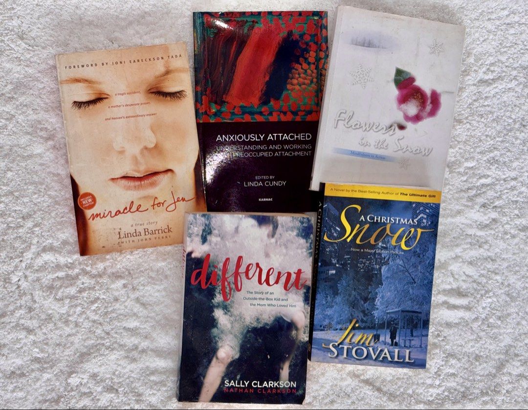 Mind, Heart & Healing Bundle of 5 (Category: Storybooks) located in Naga. Submitted by klutzdeclutters (Listing ID 1468947949, Image 1). Description: Includes: - Miracle for Jen by Linda Barrick (with John Perry) - Anxiously Attached: Understanding and Working with Preoccupied Attachment edited by Linda Cundy - Flowers in the Snow: Mindfulness in Action - Different: The Story of an Outside-the-Box Kid and the Mom Who Loved Him by Sally Clarkson a