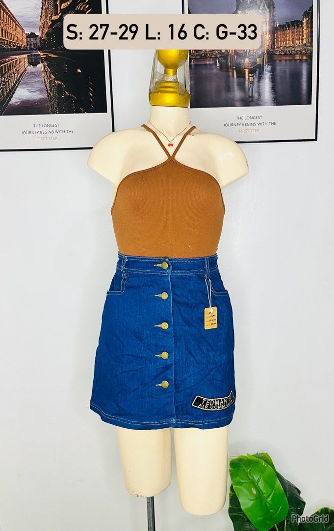 Mini Denim Skirt |Size 27-29 (Category: Skirts) located in Manila. Submitted by bengirlclothing (Listing ID 1468940694, Image 1). Description: - Classic blue denim skirt with chic front gold-tone button closure - Features front and back pockets + cool Tedman Air Command patch near the hem - Measurements: Waist 27-29 inches, -Length 16 inches - Super versatile piece, easy to style with basic tees or halter necks.