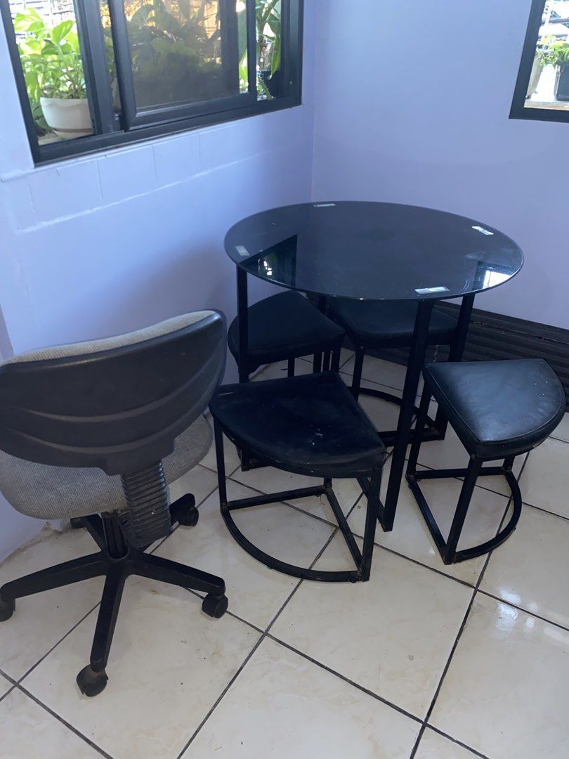 Minimalist round table with 4 chairs (Category: Tables & Sets) located in Cavite. Submitted by itsanalyn04 (Listing ID 1469025870, Image 3). Description: Minimalist round table with 4 chairs Drop your price Negotiable RFS: decluttering.