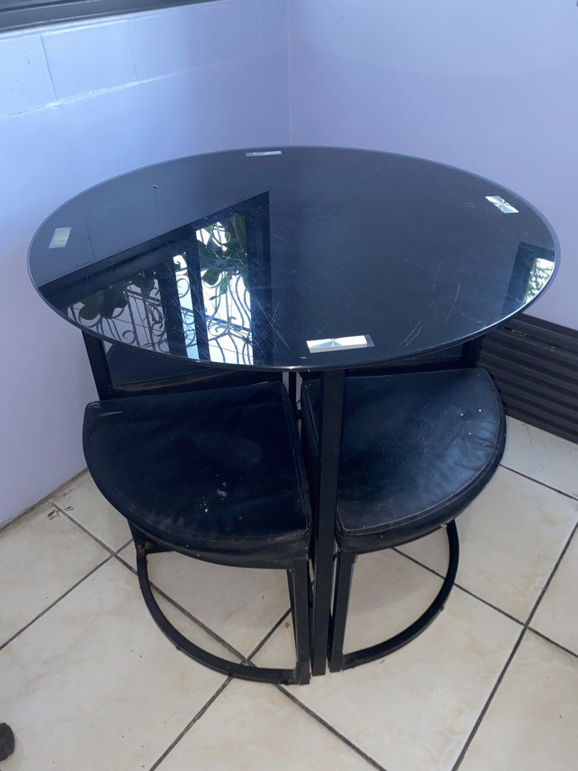 Minimalist round table with 4 chairs (Category: Tables & Sets) located in Cavite. Submitted by itsanalyn04 (Listing ID 1469025870, Image 1). Description: Minimalist round table with 4 chairs Drop your price Negotiable RFS: decluttering.