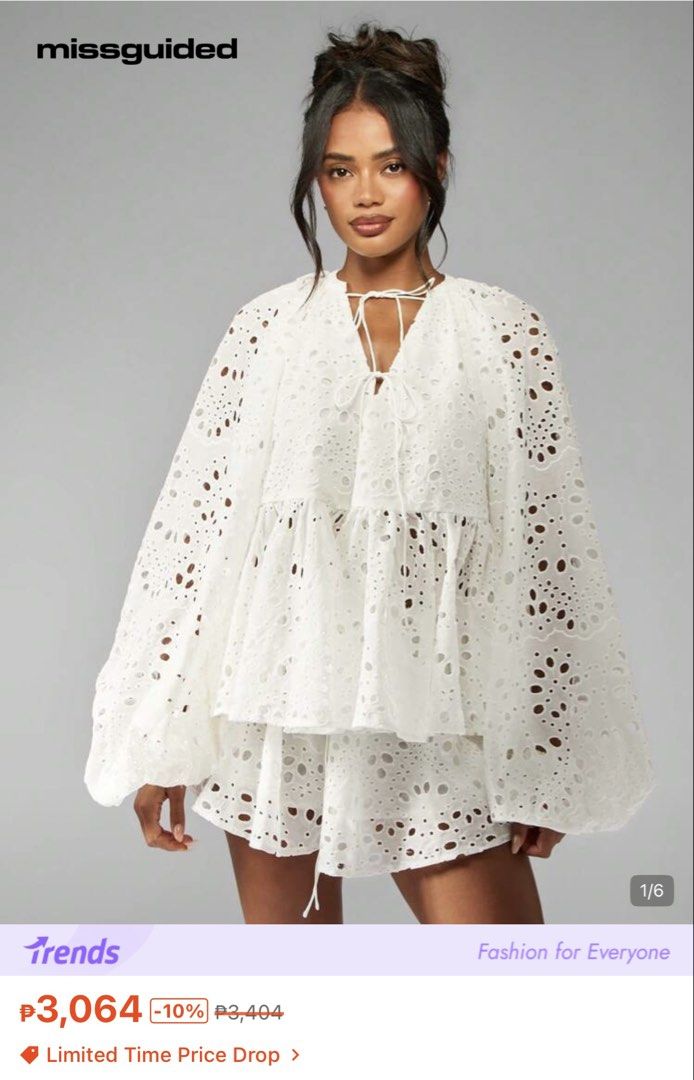 Missguided White Eyelet Embroidered Two-Piece Set (Category: Sets or Coordinates) located in Bulacan. Submitted by nicabanana_ (Listing ID 1468953397, Image 1). Description: ✅ bought from Shein for ₱2,893 ✅ worn only ONCE (for my SG trip lang) ✅ super nice when worn!! got a lot of compliments when i posted this photo lol ✅ selling for ₱2k FREE shipping via J&T Express 💯 authentic 💯 ✨all listings are personally owned✨ 🏷️all listings are in good