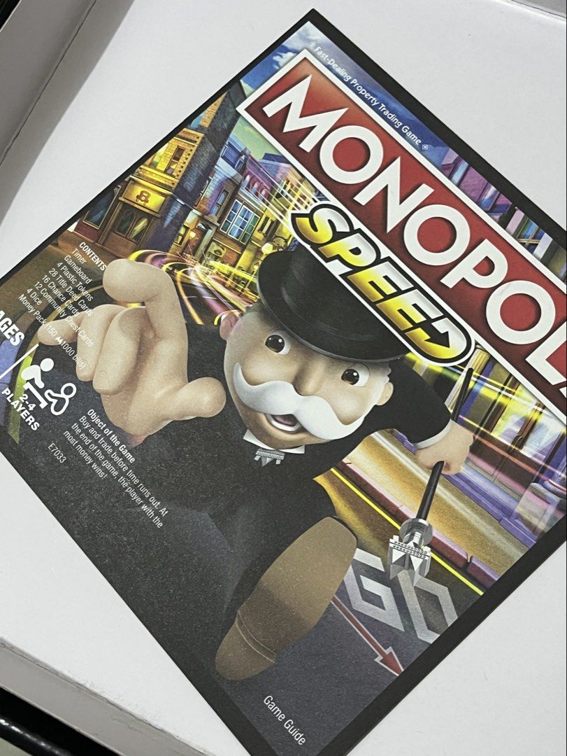 Monopoly Speed Board Game (Category: Board Games & Puzzles) located in Manila. Submitted by aching_90 (Listing ID 1469067291, Image 2). Description: - Game Type: Monopoly Speed (Fast-paced version) - Inclusions: Timer, gameboard, 4 plastic tokens, title deed cards, chance cards, community chest cards, dice, and money pack (ALL UNUSED) - Condition: All contents neatly packed inside the original box (just opened the box but everythings all good) - 