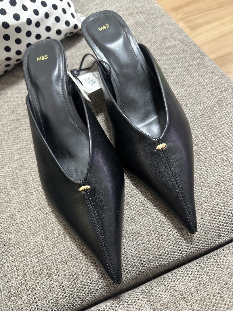 M&S Kitten Heel Pointed Toe Mules (UK 8) (Category: Heels) located in Quezon City. Submitted by clothesandstuffbyb__ (Listing ID 1469139627, Image 3). Description: - Brand: M&S (Marks & Spencer) - Style: Pointed toe mules with kitten heel and gold-tone vamp hardware - Comfort: Built-in Insolia technology for all-day wear - Size: UK 8 / EUR 42 - Condition: Brand new with tags (BNWT), never worn Bought from the UK.