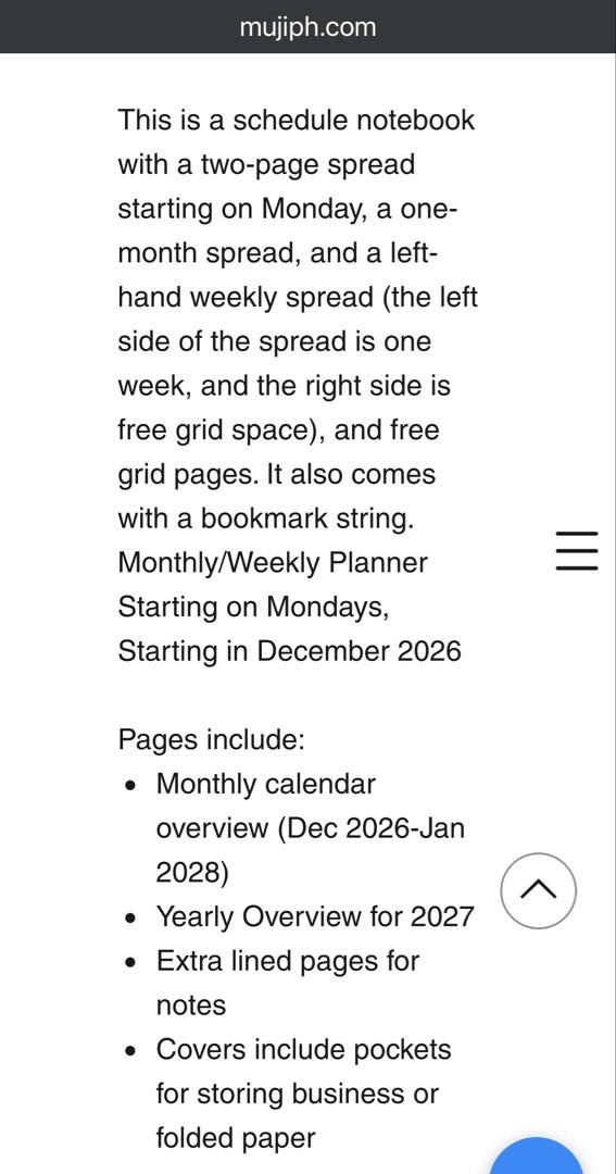 MUJI Monthly Weekly Planner 2027 A6 White Grey (Category: Stationery & School Supplies) located in Quezon City. Submitted by stardropsundae (Listing ID 1469019182, Image 3). Description: - Condition: Brand new -Blue pen is not included; for size reference only - RFS: Ordered the wrong size online 📌 Item is AVAILABLE if it is not marked reserved or sold 📌 Meet up or delivery 📌 For delivery: payment first before shipping. Only 3 days will be giv
