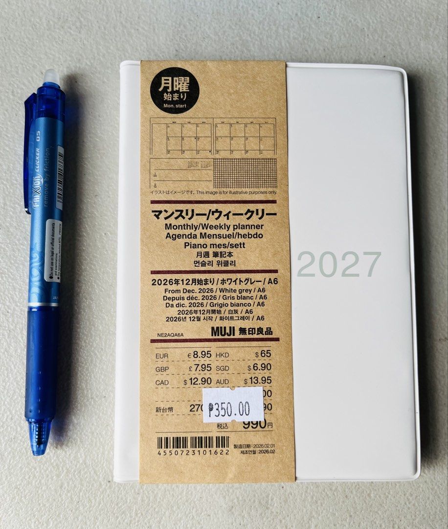 MUJI Monthly Weekly Planner 2027 A6 White Grey (Category: Stationery & School Supplies) located in Quezon City. Submitted by stardropsundae (Listing ID 1469019182, Image 1). Description: - Condition: Brand new -Blue pen is not included; for size reference only - RFS: Ordered the wrong size online 📌 Item is AVAILABLE if it is not marked reserved or sold 📌 Meet up or delivery 📌 For delivery: payment first before shipping. Only 3 days will be giv