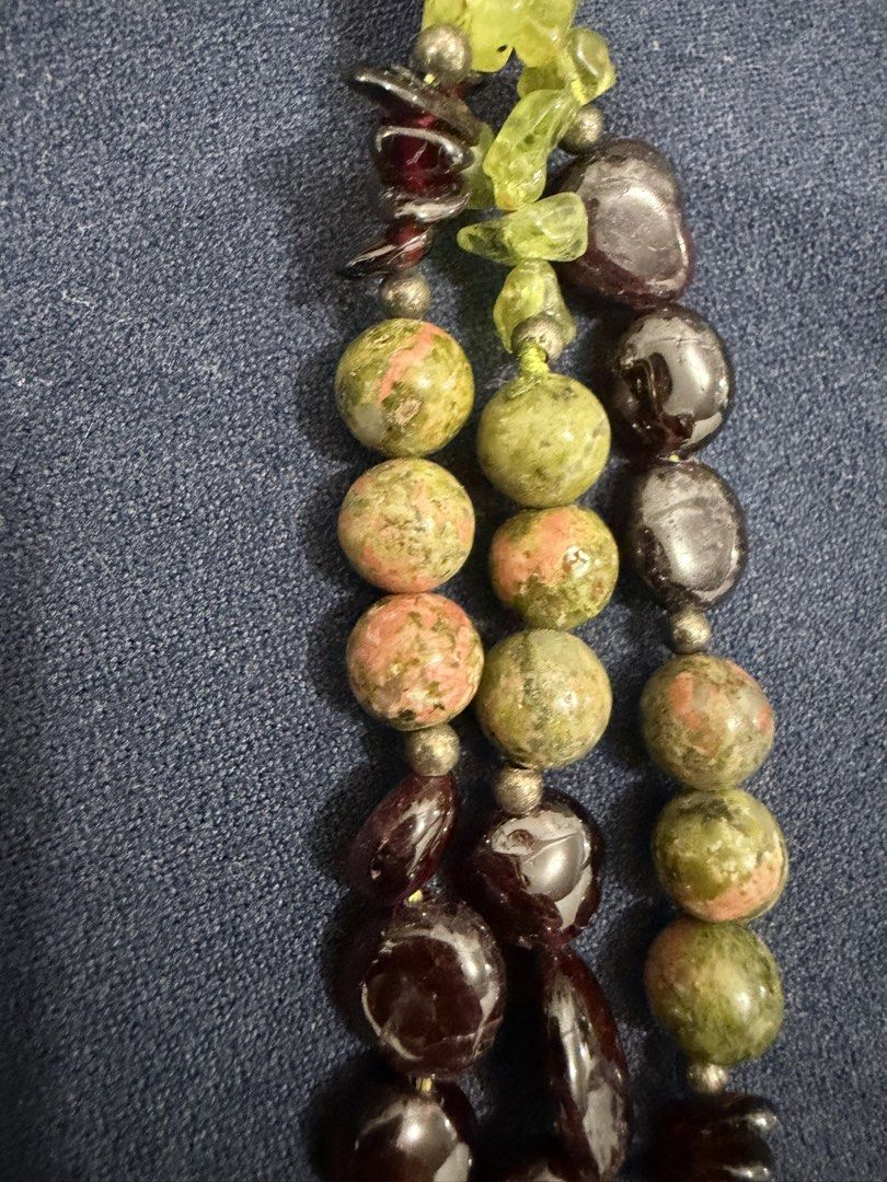 Multistrand Gemstone Bead Boho Necklace with Sterling Silver Clasp (Category: Necklaces) located in Makati City. Submitted by petite_preloved2 (Listing ID 1469068282, Image 2). Description: - Multistrand gemstone necklace featuring unakite, garnet, and peridot chips and round beads - Earthy mix of green, pink, and dark red tones - Silver-tone metal hardware with a secure lobster clasp marked 925 - Adjustable length with built-in extension chain -