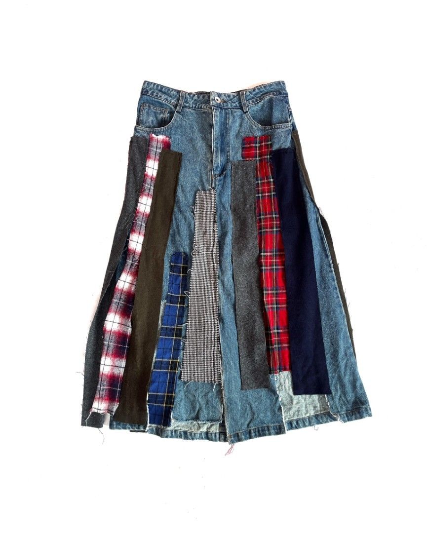 NAIVE OVERLAP Deconstructed Denim Flannel Patchwork Midi Skirt (Category: Skirts) located in Bambang. Submitted by thrifthuntress (Listing ID 1469123808, Image 2). Description: NAIVE OVERLAP Patchwork Grunge Denim Skirt - W29" L31" - flannel patchwork carwash A-line midi skirt - mixed patterns of plaid flannel, wool suiting, tweed & denim twill - Korean label; contrast stitching - side pockets; 100% cotton; good as new! A. PAYMENT: GCash / Bank T