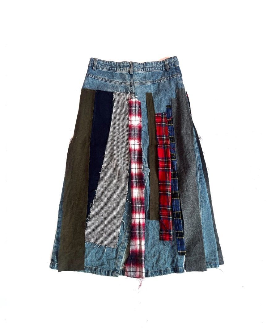 NAIVE OVERLAP Deconstructed Denim Flannel Patchwork Midi Skirt (Category: Skirts) located in Bambang. Submitted by thrifthuntress (Listing ID 1469123808, Image 3). Description: NAIVE OVERLAP Patchwork Grunge Denim Skirt - W29" L31" - flannel patchwork carwash A-line midi skirt - mixed patterns of plaid flannel, wool suiting, tweed & denim twill - Korean label; contrast stitching - side pockets; 100% cotton; good as new! A. PAYMENT: GCash / Bank T