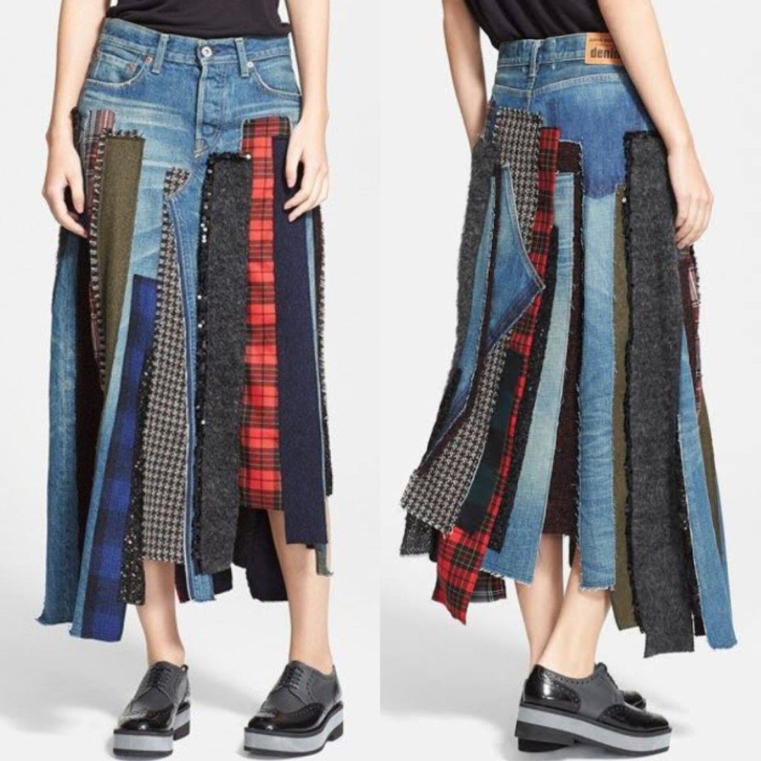 NAIVE OVERLAP Deconstructed Denim Flannel Patchwork Midi Skirt (Category: Skirts) located in Bambang. Submitted by thrifthuntress (Listing ID 1469123808, Image 1). Description: NAIVE OVERLAP Patchwork Grunge Denim Skirt - W29" L31" - flannel patchwork carwash A-line midi skirt - mixed patterns of plaid flannel, wool suiting, tweed & denim twill - Korean label; contrast stitching - side pockets; 100% cotton; good as new! A. PAYMENT: GCash / Bank T