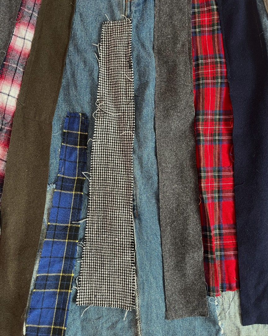 NAIVE OVERLAP Patchwork Flannel Denim Midi Skirt (Category: Skirts) located in Bambang. Submitted by thrifthuntress (Listing ID 1469123543, Image 3). Description: NAIVE OVERLAP Patchwork Grunge Denim Skirt - W29" L31" - flannel patchwork carwash A-line midi skirt - mixed patterns of plaid flannel, wool suiting, tweed & denim twill - Korean label; contrast stitching - side pockets; 100% cotton; good as new! A. PAYMENT: GCash / Bank Transfer B. COU