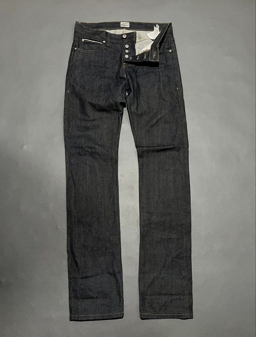 Naked & Famous Denim Jeans (Category: Jeans) located in General Santos City (Dadiangas). Submitted by thiftnibadi3 (Listing ID 1469045267, Image 1). Description: - Brand: Naked & Famous - Material: Premium Japanese raw selvedge denim in dark indigo - Details: Classic button fly, branded hardware, and selvedge ID inside the coin pocket - Patch: Thick leather back patch with signature comic book girl graphic - Condition: Clean dark wash with rigid 