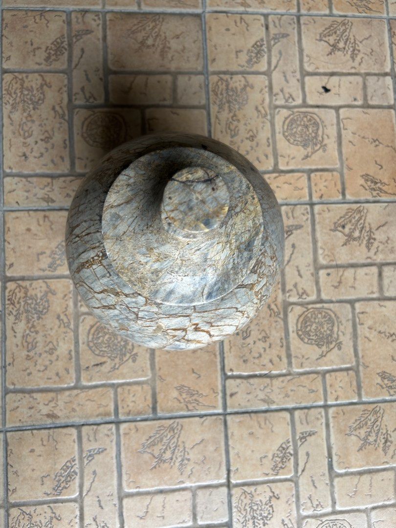 Solid Natural Marble Stone Storage Jar with Lid (Category: Vases & Decorative Bowls) located in Manila. Submitted by jonalyn36017 (Listing ID 1468970693, Image 3). Description: - Material: Solid 100% natural marble with a smooth, polished surface (Heavy) - Design: Elegant round container featuring unique grey and brown veining - Lid: Matching lid included with a beautifully carved handle knob - Weight: Heavyweight, premium quality piece - Use: Pe