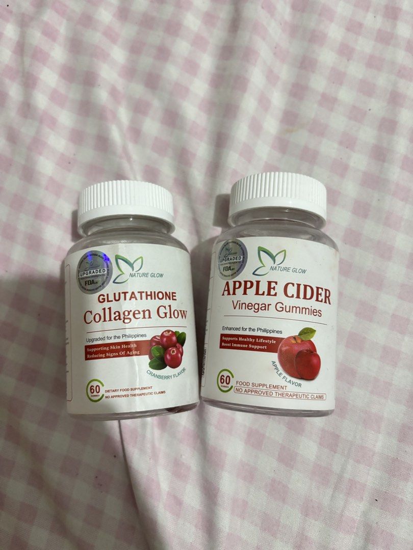 nature glow gluta & apple cider (Category: Health Food, Drinks & Tonics) located in Manila. Submitted by iyahpreloved_ (Listing ID 1469126855, Image 1). Description: good for trying only - more than 10 gummies each.