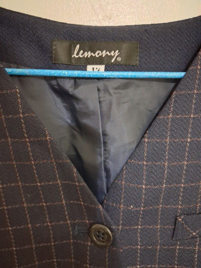navy blue plaid formal vest with functional pockets (Category: Sleeveless) located in Calabanga. Submitted by asmallcloset (Listing ID 1468958340, Image 2). Description: Navy blue dress vest by Lemony. Subtle plaid pattern with thin reddish-brown and white grid lines. Dark inner lining. Four front buttons and two lower front pockets. Clean structured fabric, great for smart casual wear or formal events..